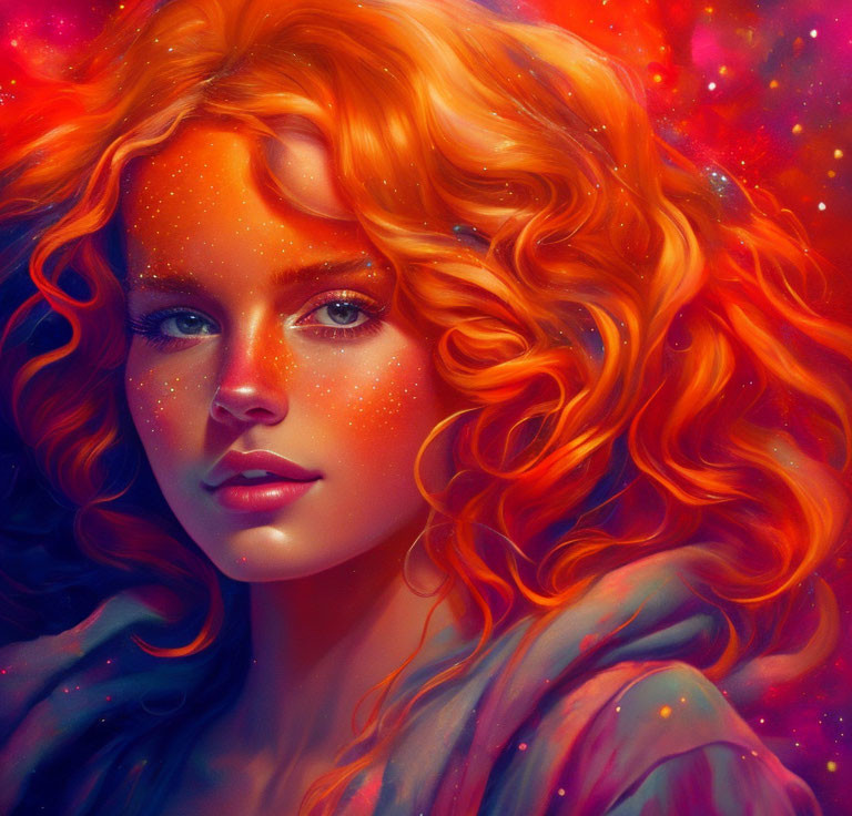 Red-haired person with freckles in cosmic setting.