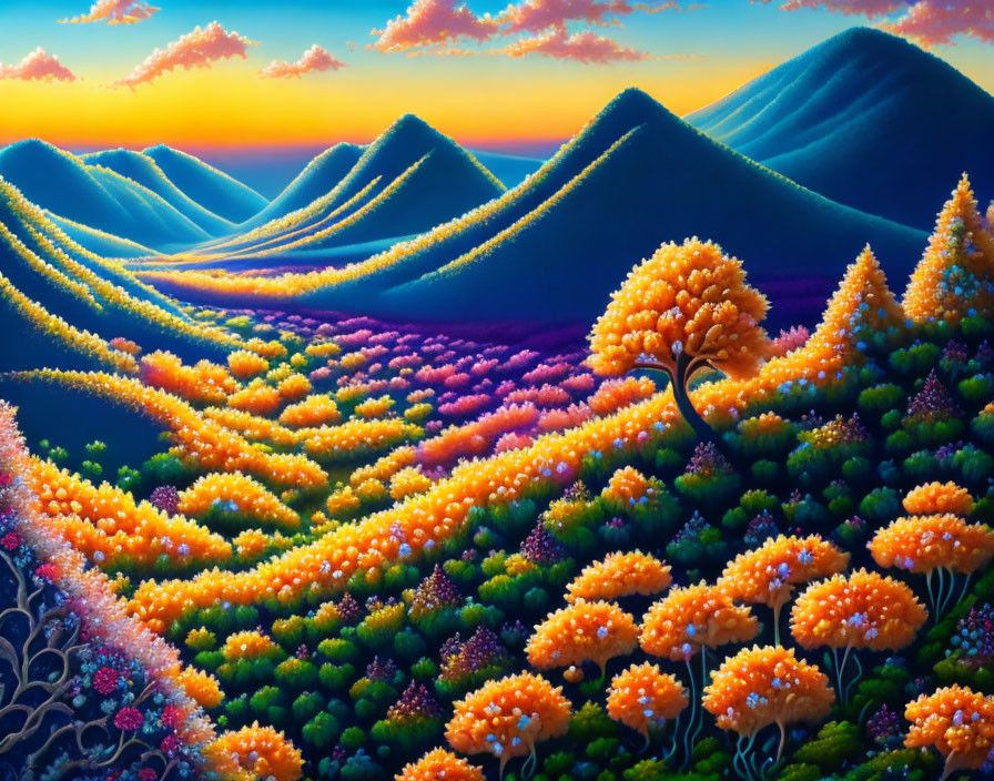 Colorful painting of rolling hills and flower-covered meadows at sunset