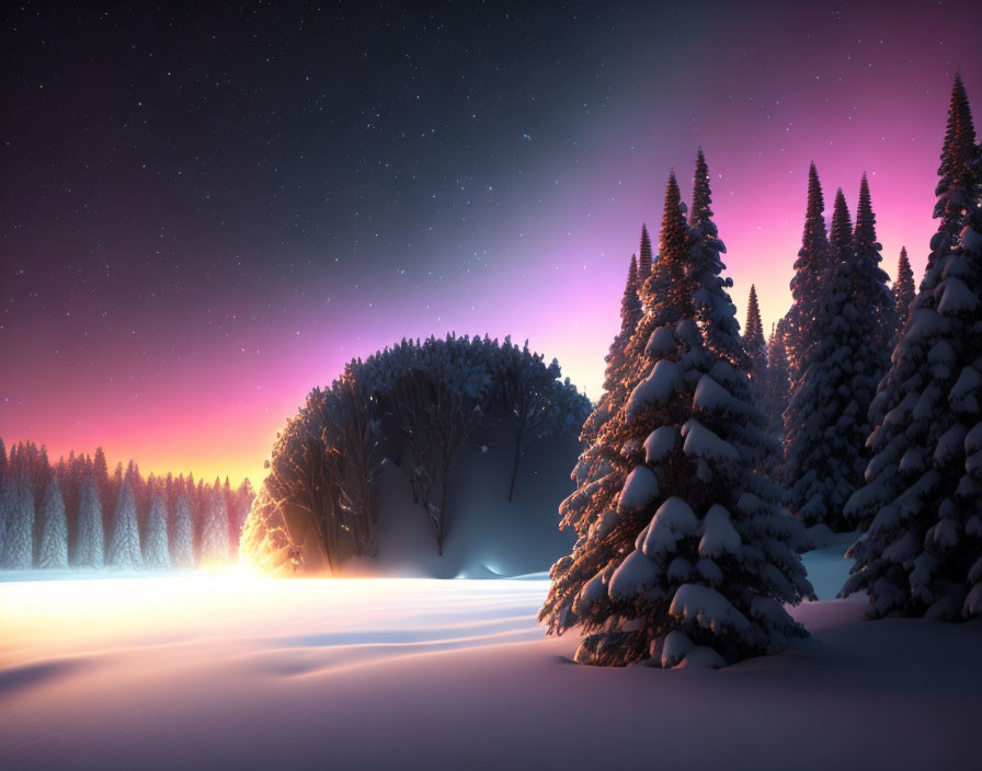 Snow-covered pine trees in serene winter twilight with starry sky.