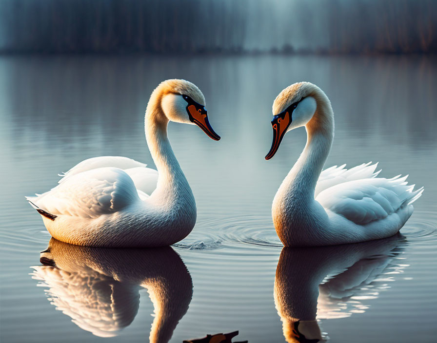Swans creating heart shape on calm lake at sunset