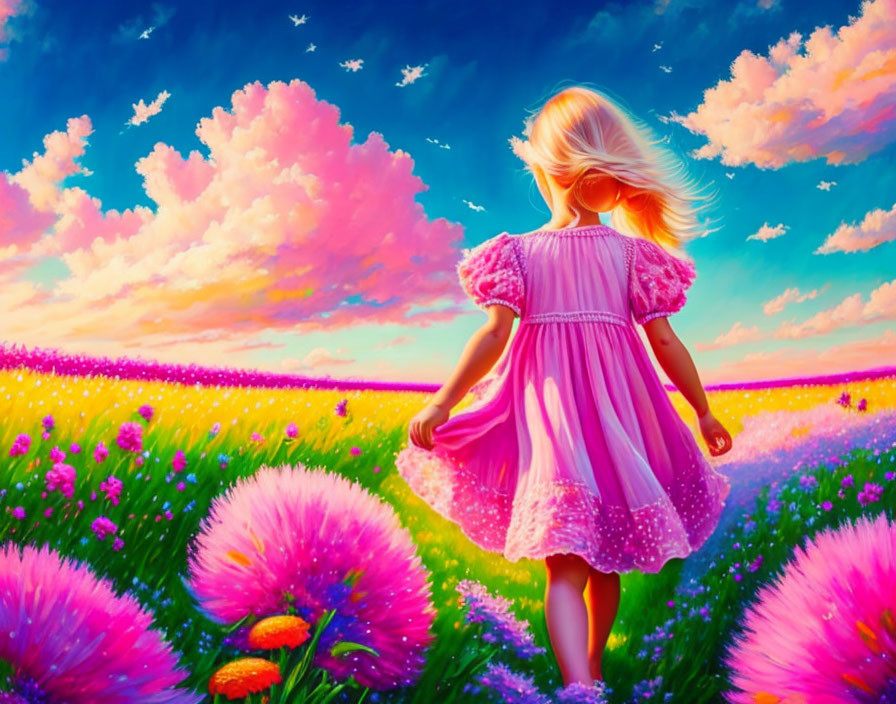 Young girl in pink dress strolling vibrant field with colorful flowers under pink and blue sky
