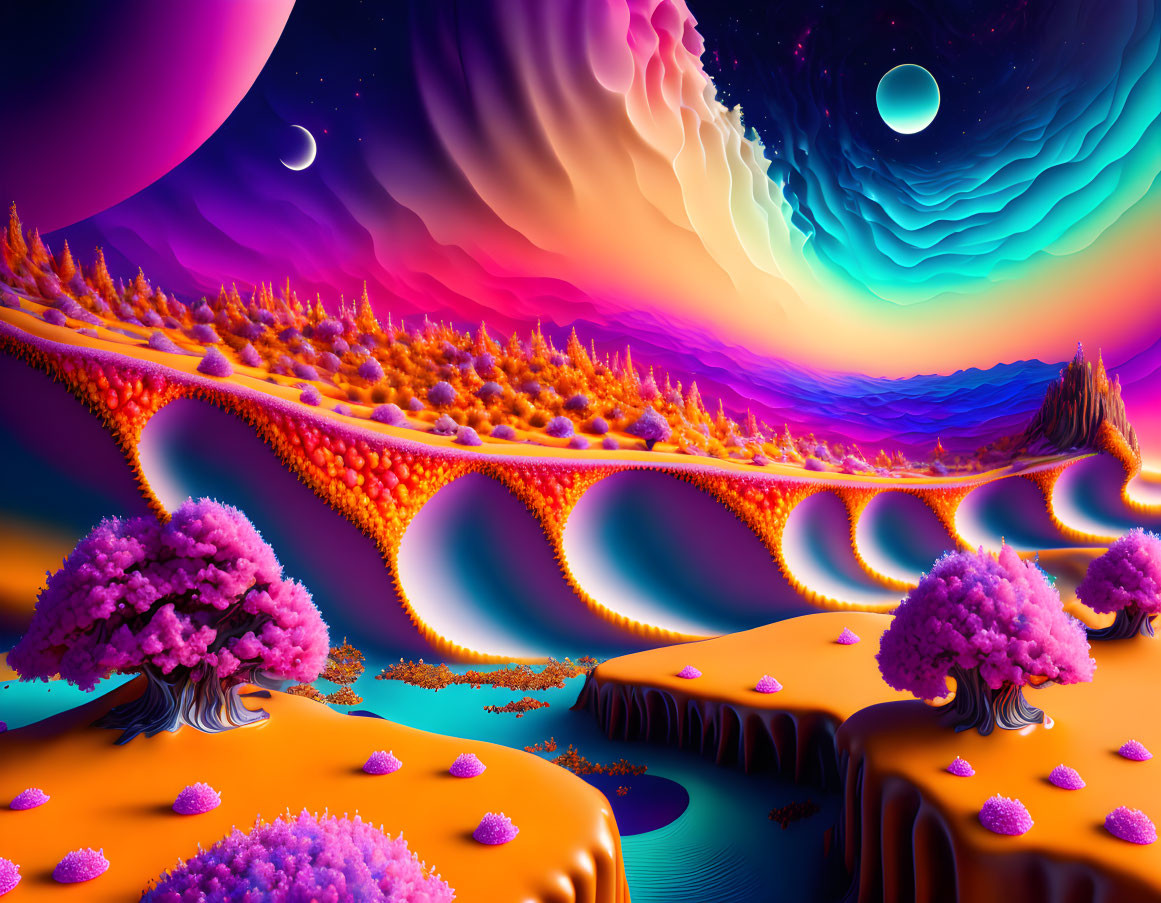 Surreal colorful landscape with pink foliage and multiple moons
