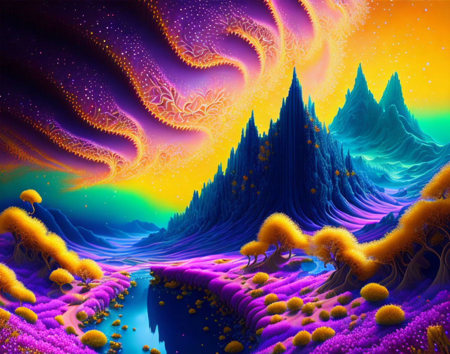 Colorful Psychedelic Landscape with Alien Mountains