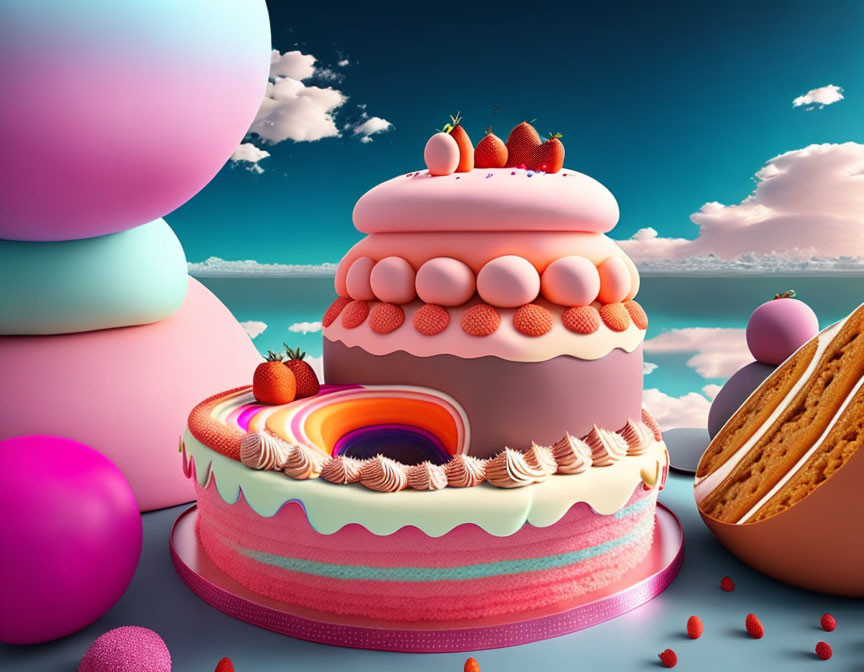 Vibrant fantasy cakes with strawberries and macarons in pastel landscape