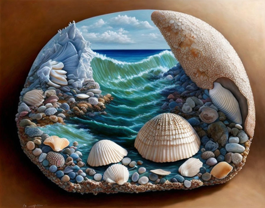 Surreal painting of ocean view in shell with seashells, pebbles, and iceberg