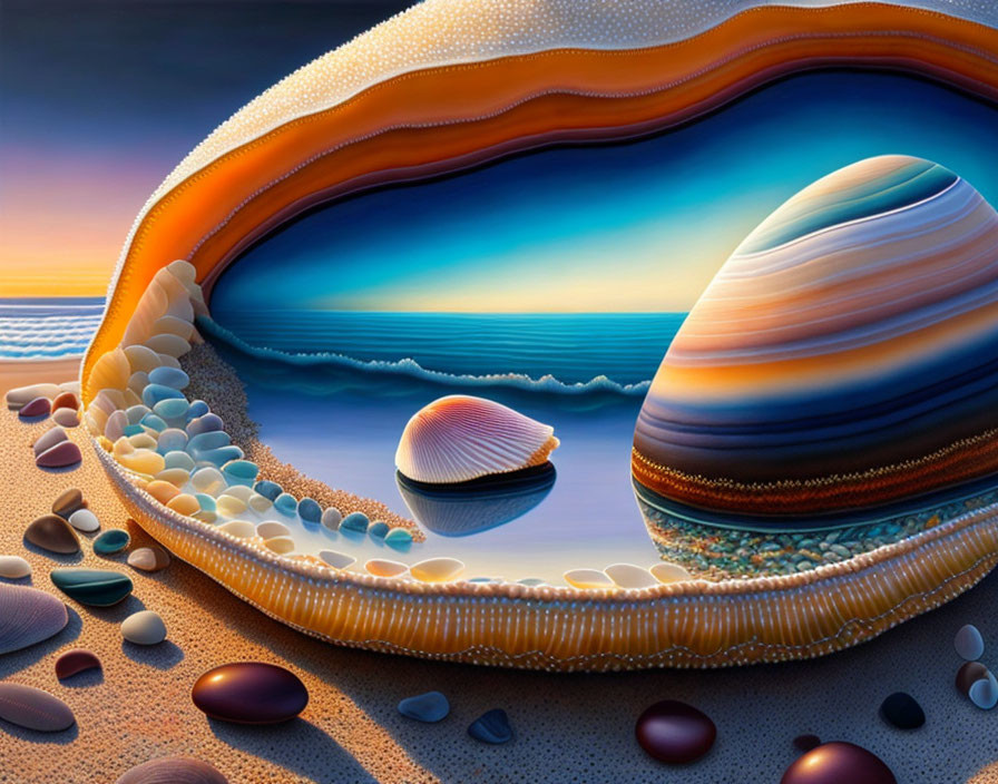 Surrealist painting of nautilus shell with seascape and colorful planets