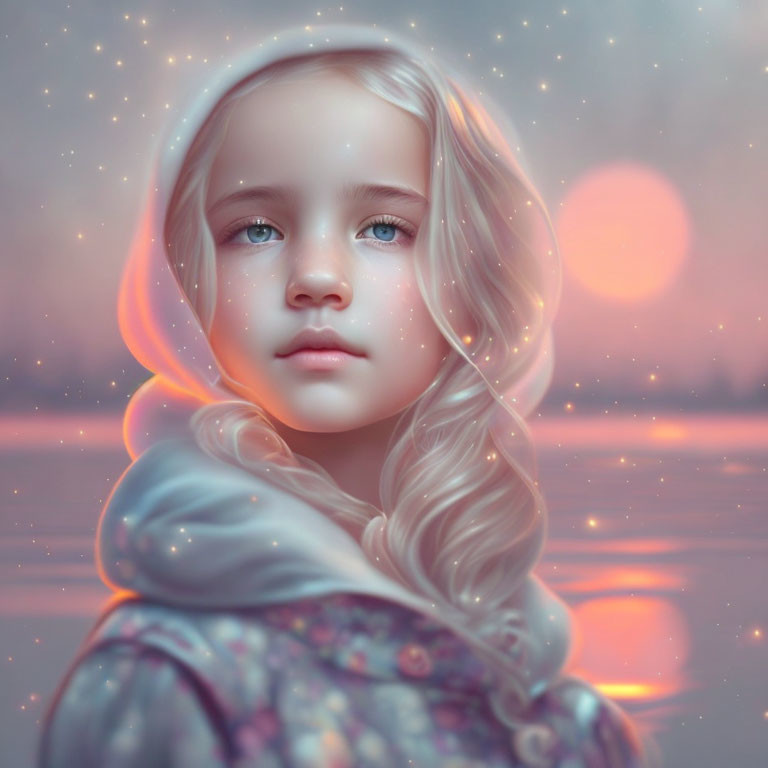 Digital artwork: Young girl with blonde hair and blue eyes in mystical dusk setting