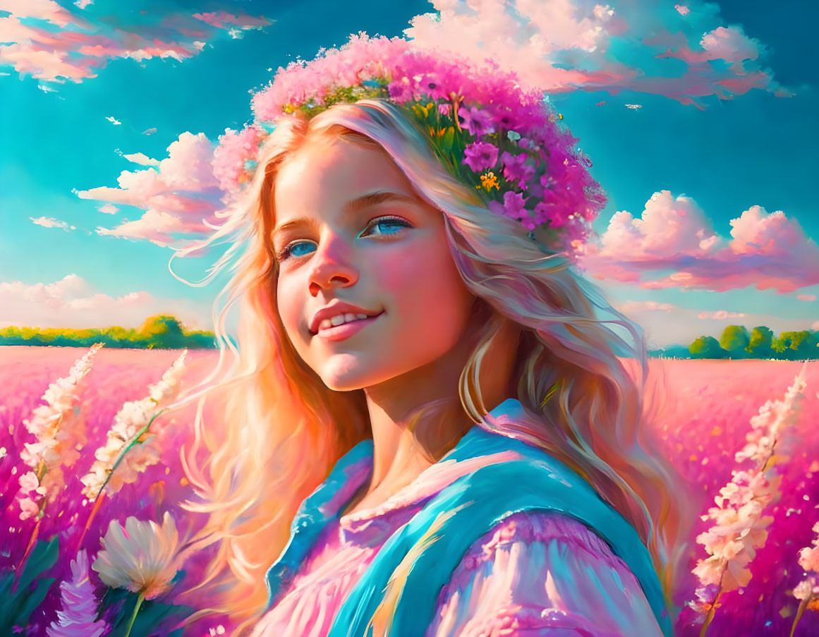 Blond girl in floral wreath smiles in lavender field