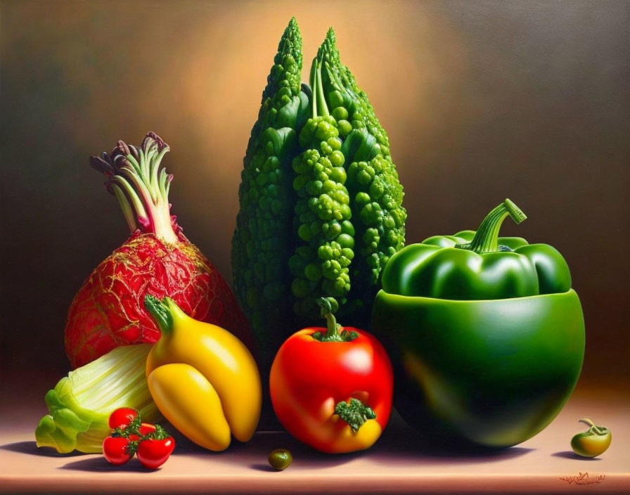 Colorful Vegetable Still Life Painting on Shaded Surface