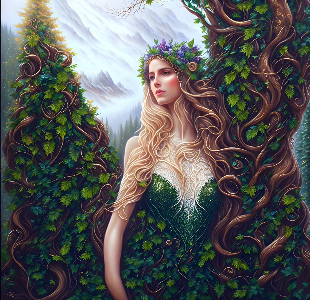 Fantasy illustration: Woman with floral crown merges with tree vines in misty forest