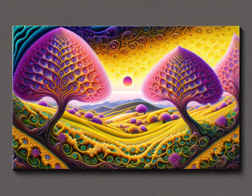 Colorful psychedelic painting of stylized trees and landscape under radiant sky