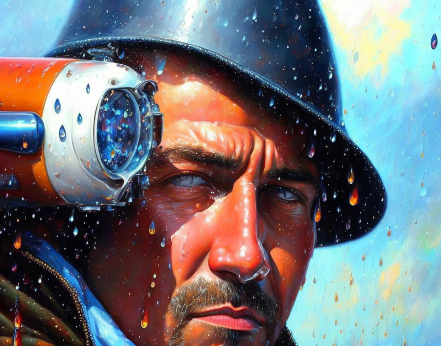 Man in Futuristic Helmet with Monocle Eyepiece and Vibrant Colors