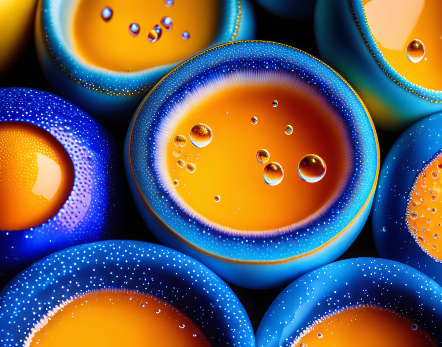 Vibrant blue and orange water droplets creating bubble patterns
