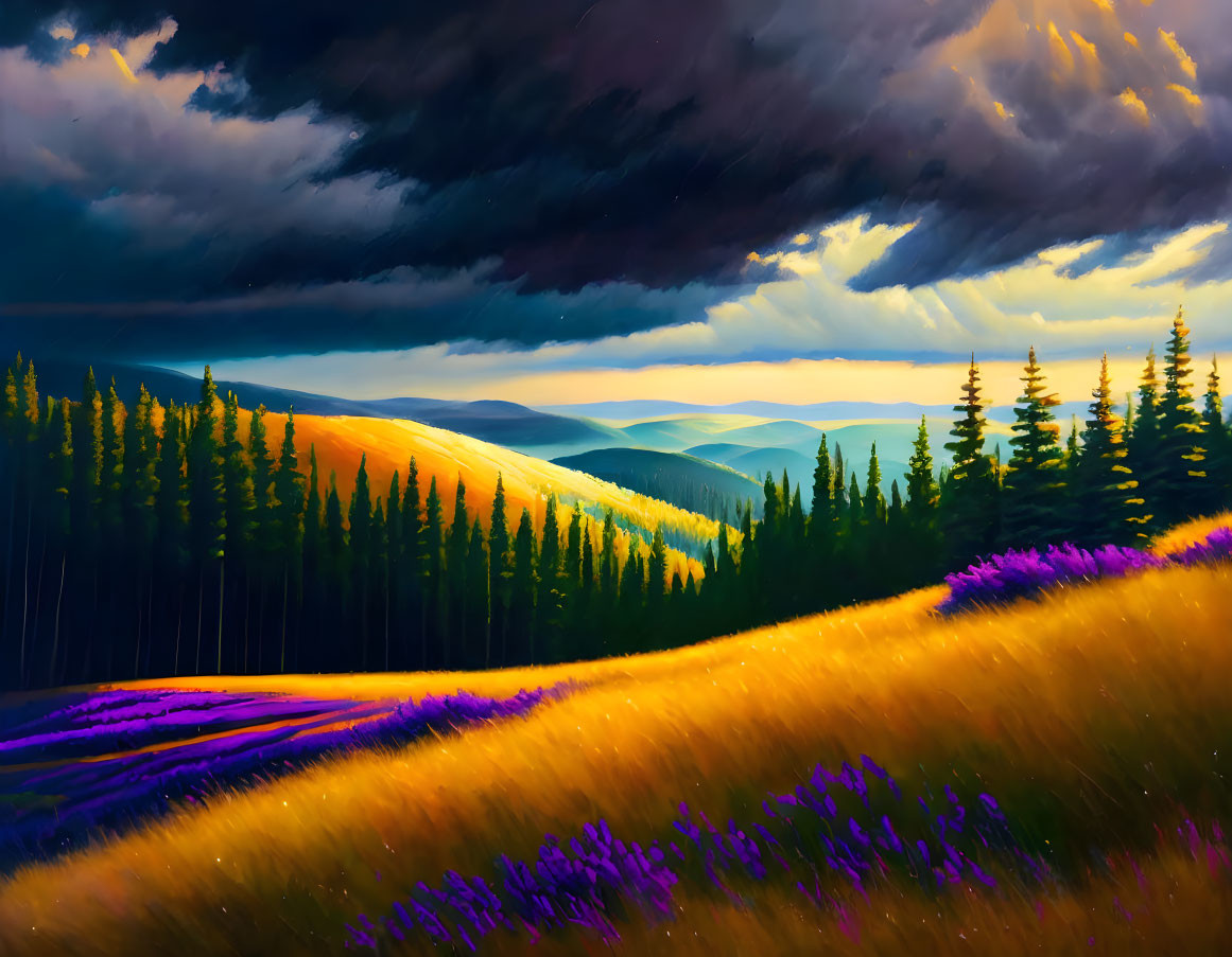 Dramatic landscape with storm clouds over sunlit forest and purple flowers