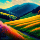 Colorful Meadow and Rolling Hills at Sunset