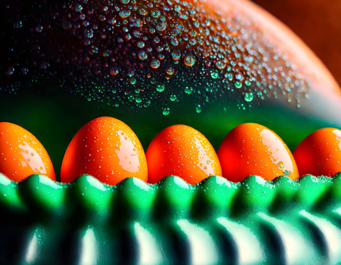 Colorful macro image of dew-covered orange objects on green surface