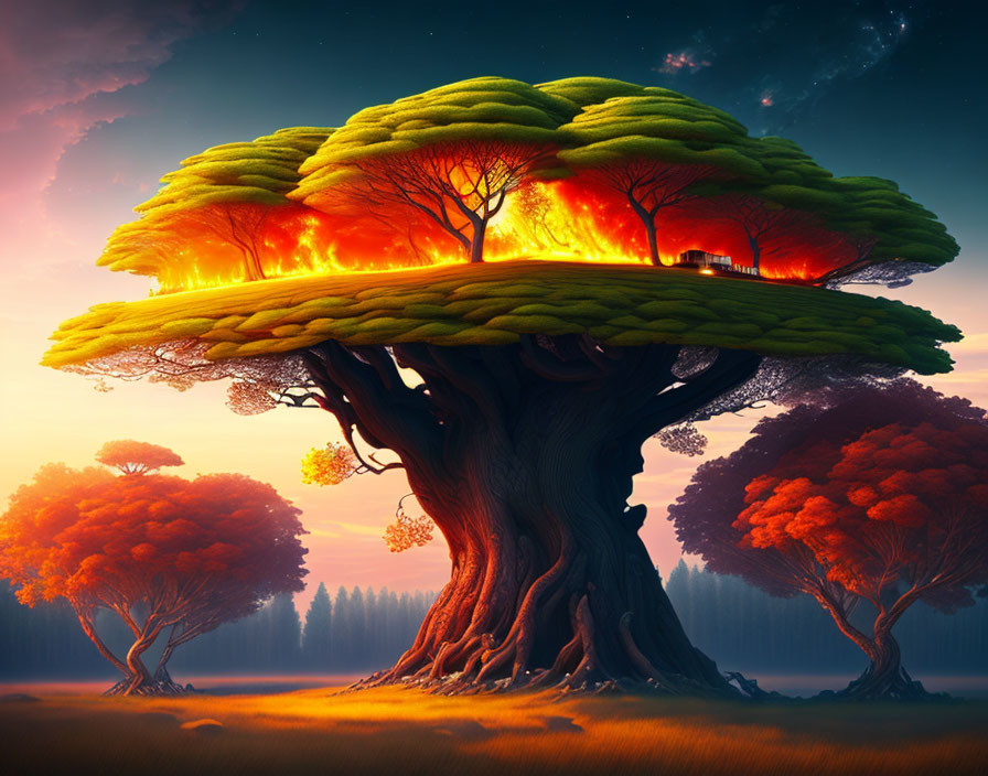 Fantasy illustration of massive tree with glowing house in fiery autumn leaves against dusk sky