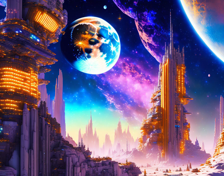 Futuristic sci-fi cityscape with skyscrapers, celestial bodies, and colorful nebula