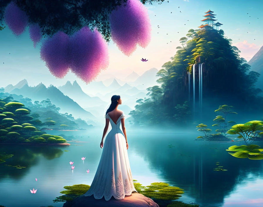 Woman in white dress by tranquil lake with floating islands, waterfall, pagoda.