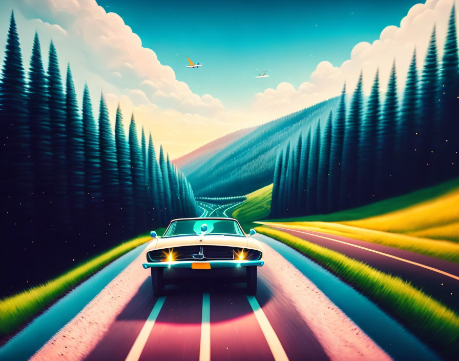 Vintage Car Driving Through Stylized Forest at Sunrise or Sunset with Colorful Skies and Birds Flying
