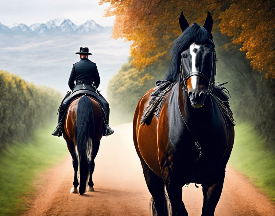 Equestrian rider in black outfit on horse, autumnal scenery with distant mountains