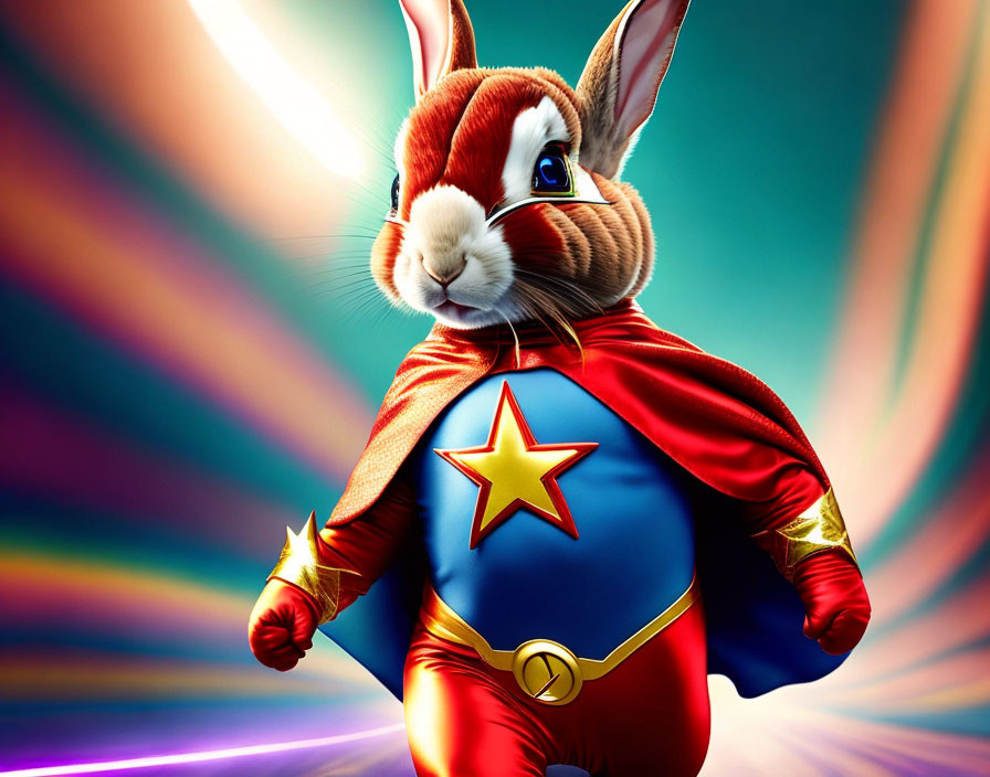 Vibrant superhero rabbit in red and blue costume with star emblem, set against colorful background