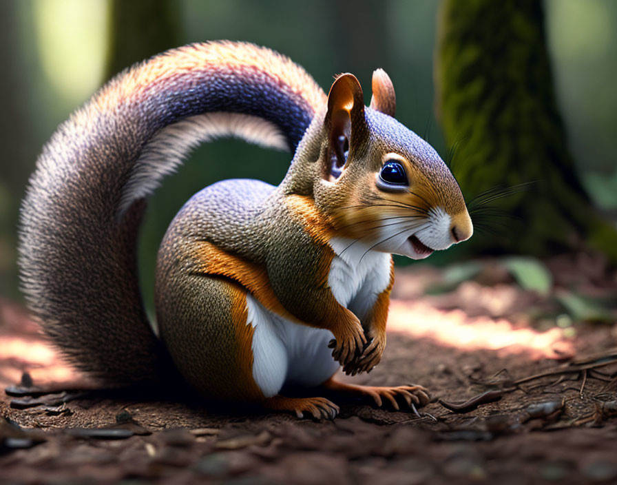 Colorful squirrel with bushy tail in forest setting, showcasing detailed fur texture