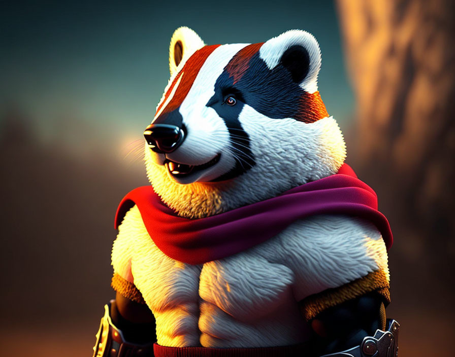 Anthropomorphic red panda in red scarf and leather harness on warm blurred backdrop