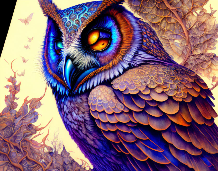 Colorful Owl Illustration with Orange Eyes and Detailed Patterns
