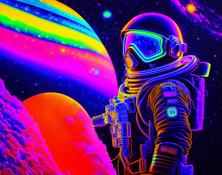 Detailed astronaut suit in vibrant space scene with colorful planets and stars