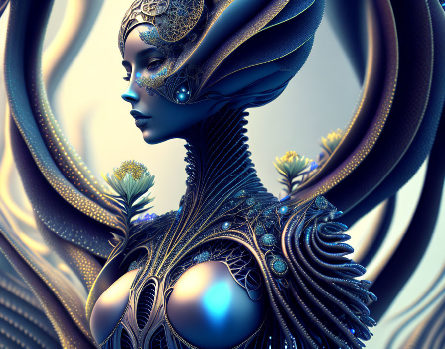 Elaborate futuristic female figure in metallic blue armor and headgear
