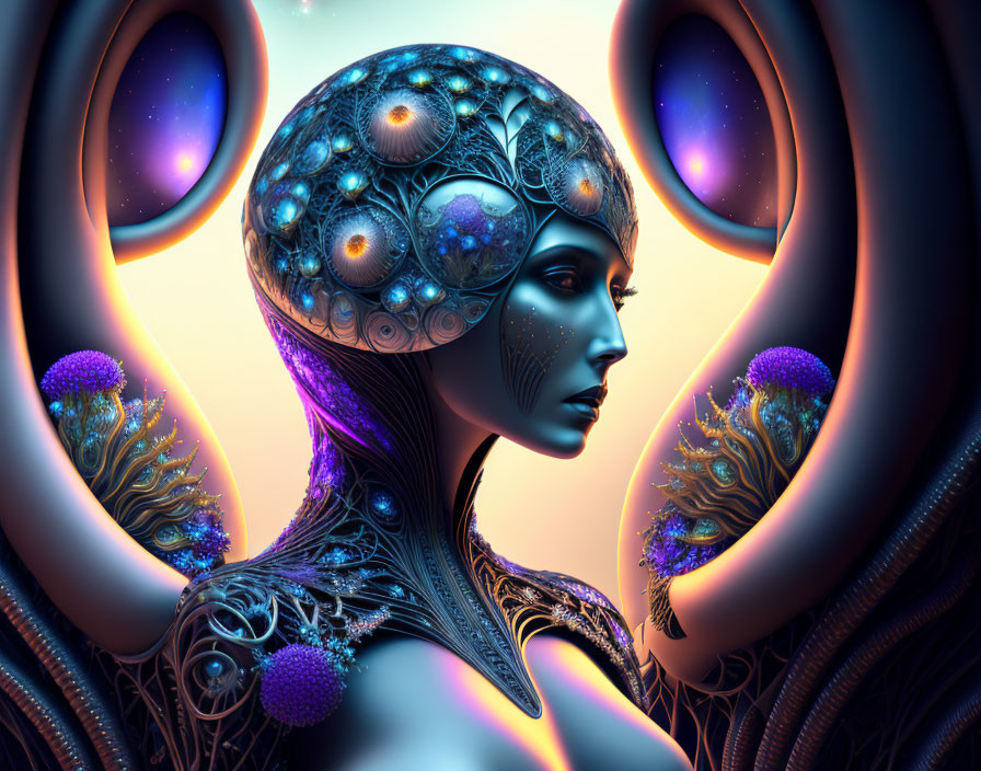 Futuristic digital artwork of symmetrical female figure blending organic and mechanical elements