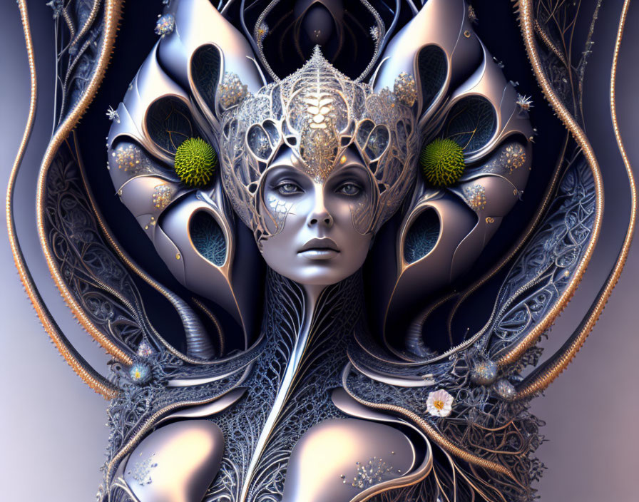 Symmetrical nature-inspired digital artwork of female figure with ornate silver headdress