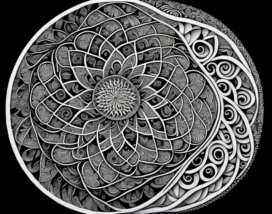 Intricate black and white mandala with symmetrical floral patterns