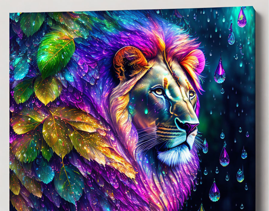 Vibrant lion with leafy mane under shimmering raindrops