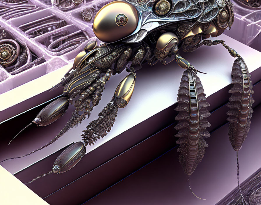 Mechanical insect digital art with intricate gears on purple striped surface
