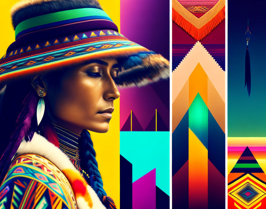 Colorful Andean attire portrait with geometric patterns and gradient background