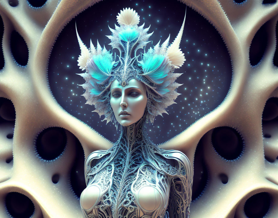 Digital Artwork: Woman with Metallic Headdress and Body Armor