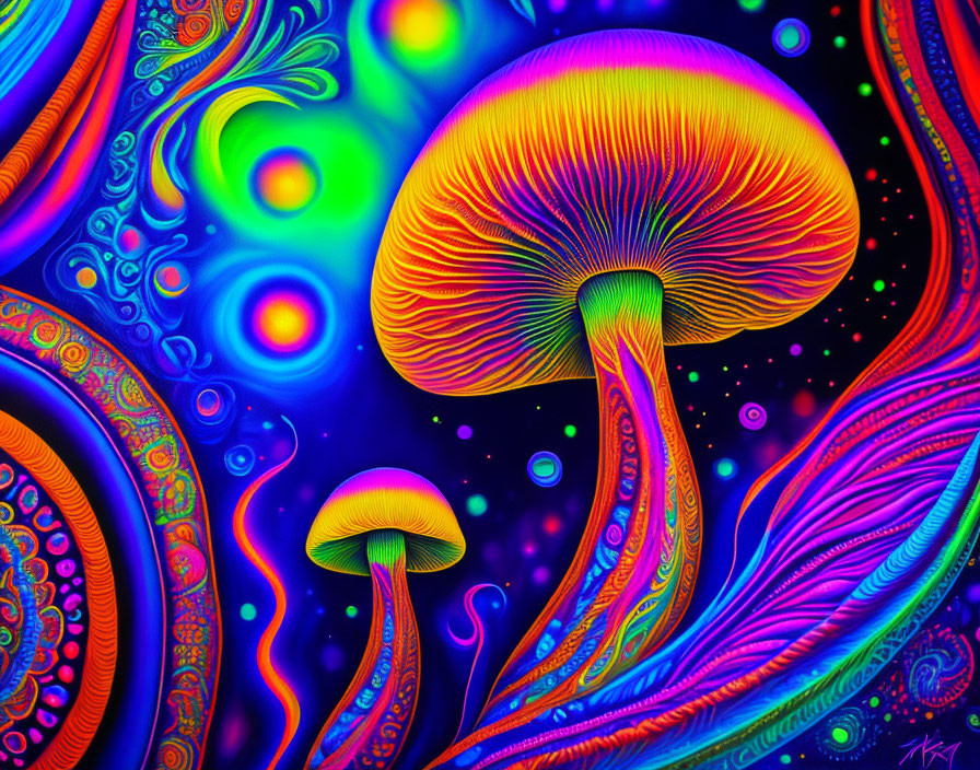 Colorful Psychedelic Art: Neon Mushrooms on Abstract Background
