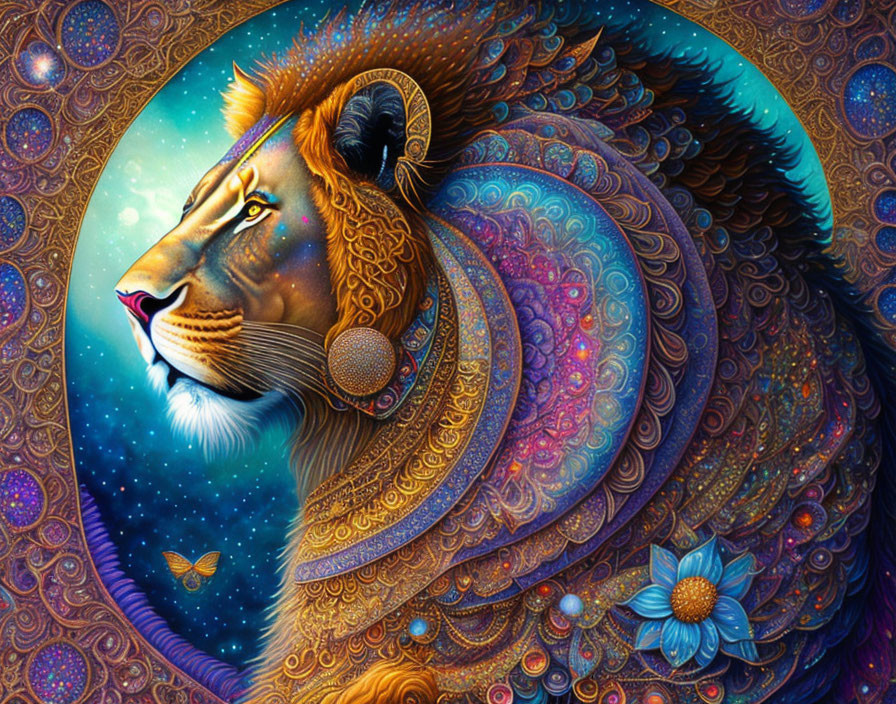 Colorful Lion Artwork with Cosmic Motifs and Butterfly