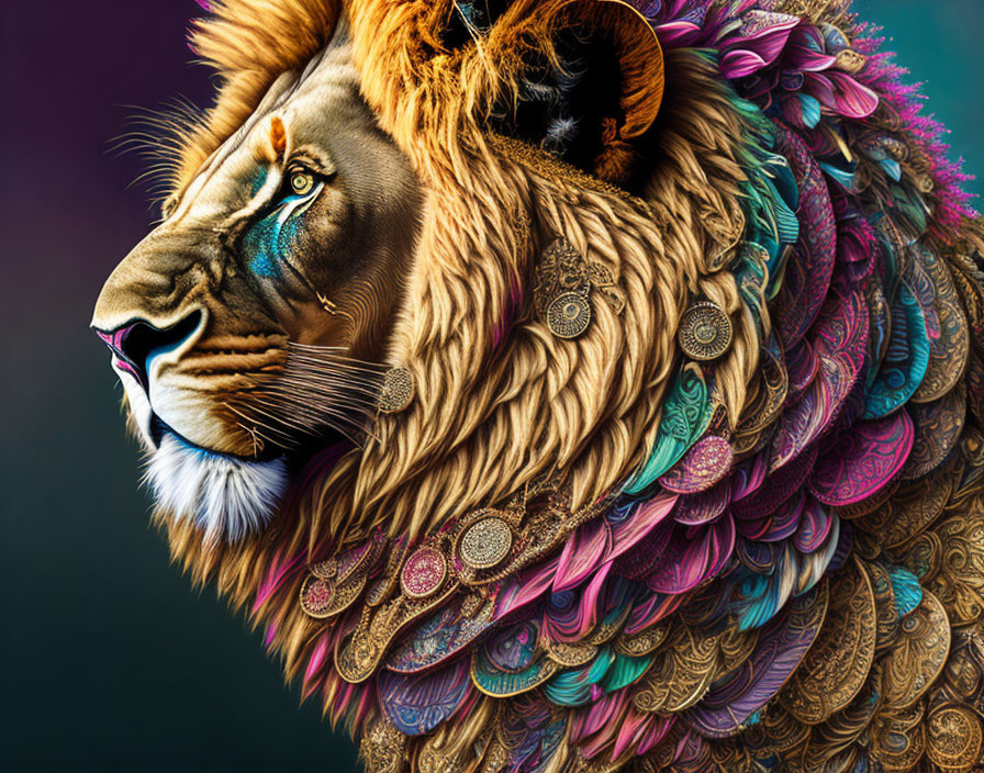 Colorful Lion Artwork with Feathered Mane on Gradient Background