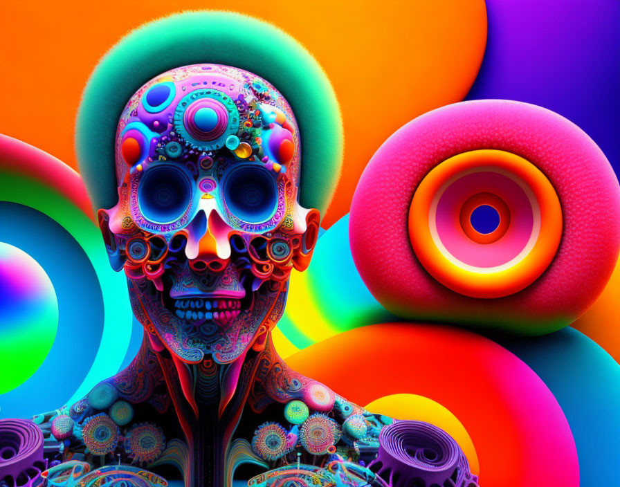 Colorful digital artwork: Patterned skull in neon swirls