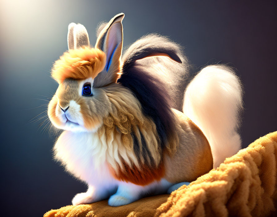 Fluffy multicolored rabbit with prominent mane against dark background