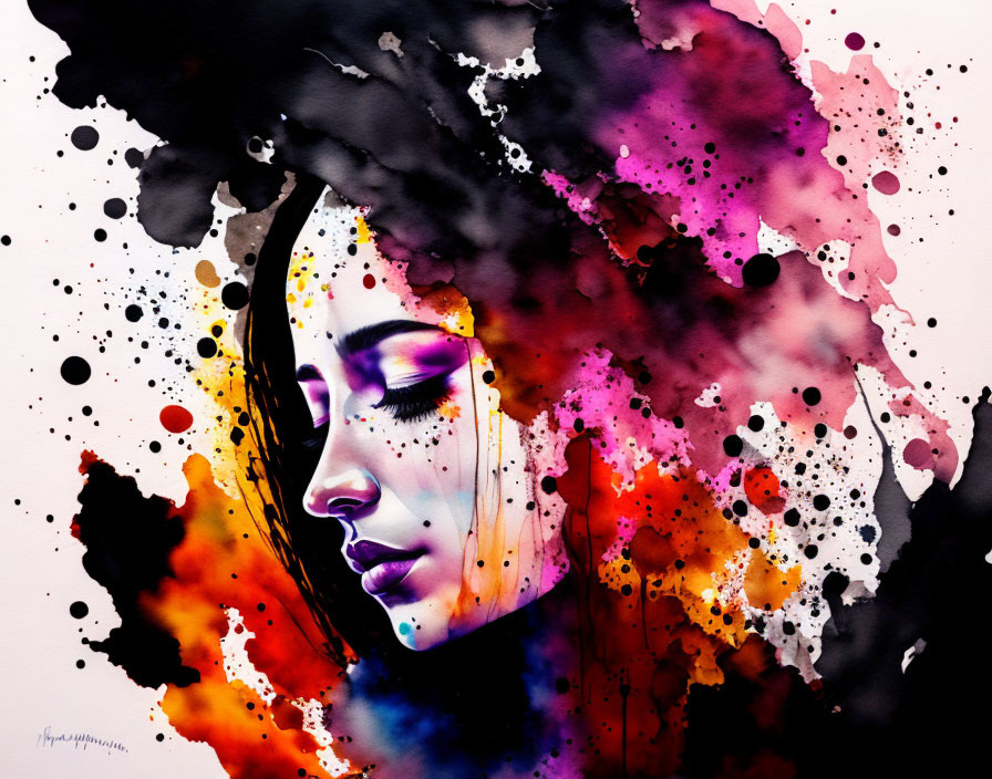 Colorful Watercolor Painting of Woman's Profile with Ink Blots