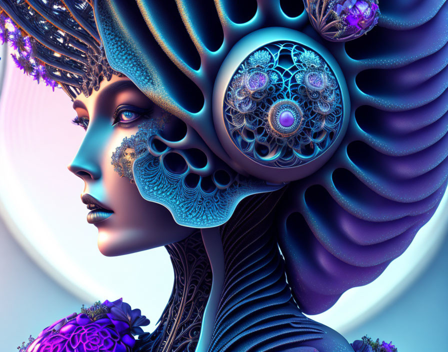 Digital Artwork: Woman with Futuristic Headdress in Blue and Purple