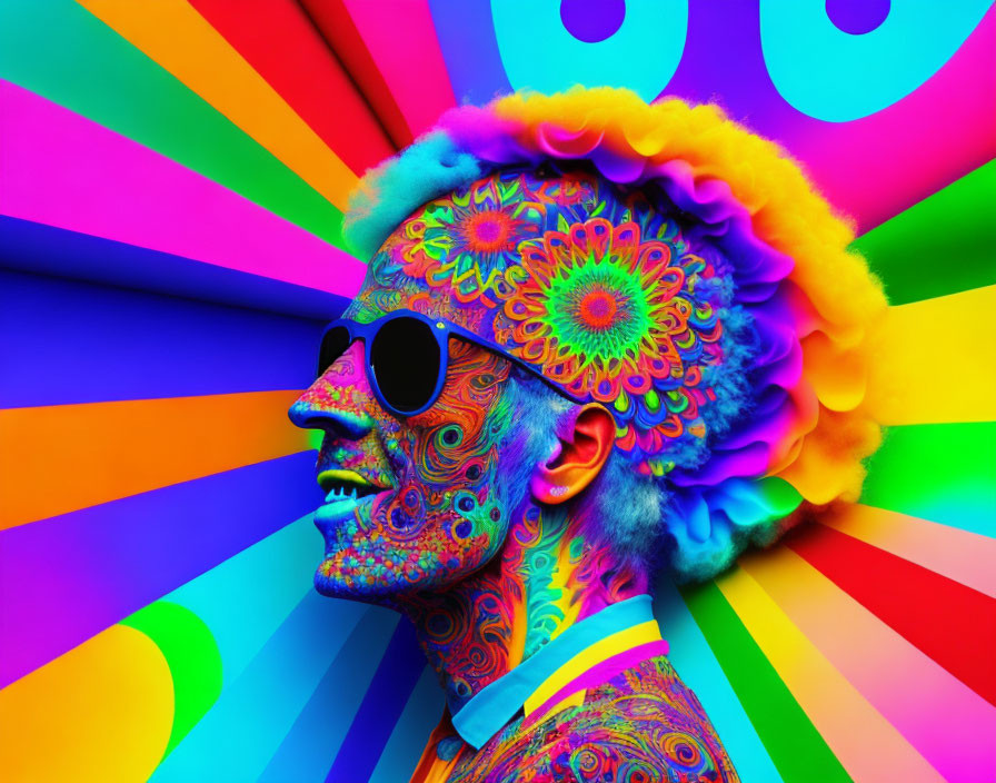 Colorful Psychedelic Portrait with Dark Sunglass on Radial Background