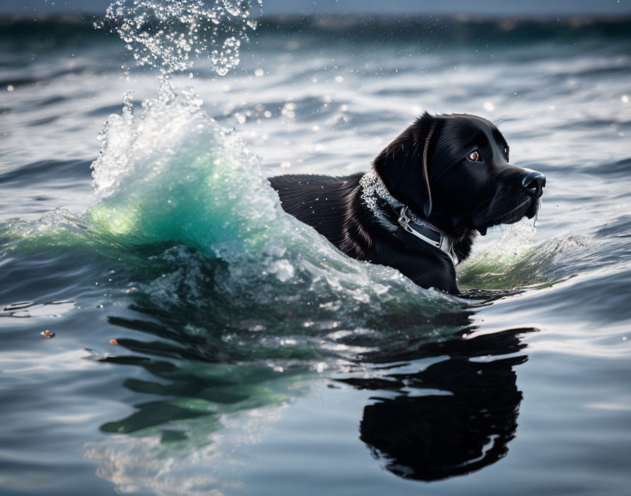 black labrador swimming in ocean