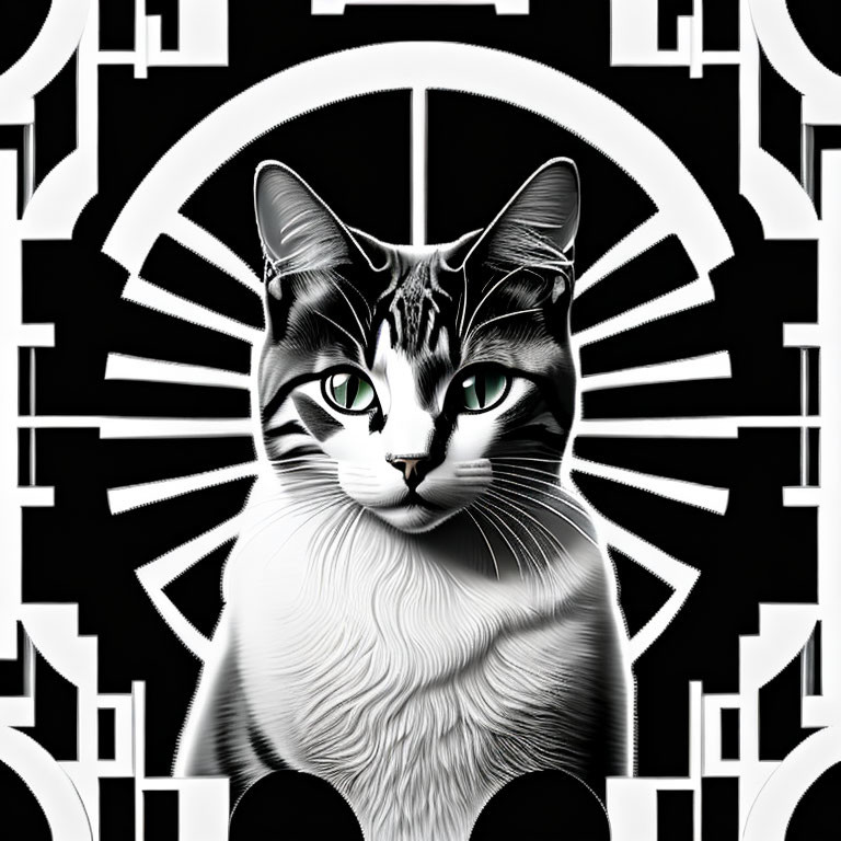 Black and white graphic image of a cat with green eyes on abstract geometric background