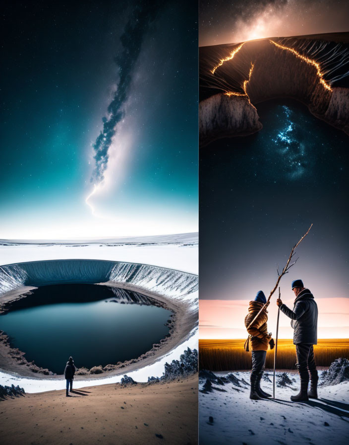 Four Nighttime Scenes: Individual Stargazing, Crater Lake, Cave Overlooking Water, Torch