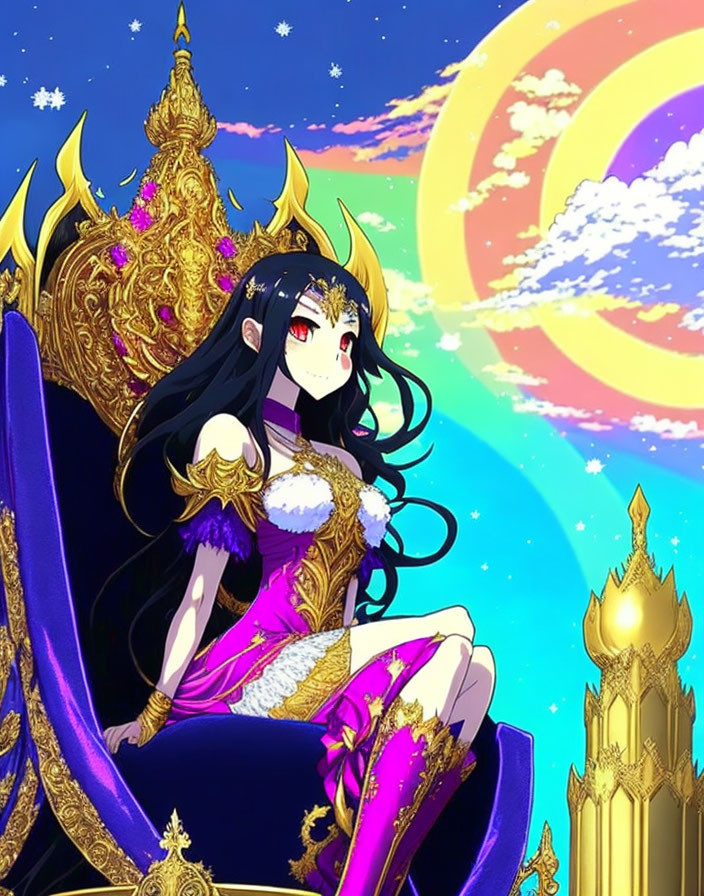 Long-haired animated character in white and purple outfit on golden throne under starry night.